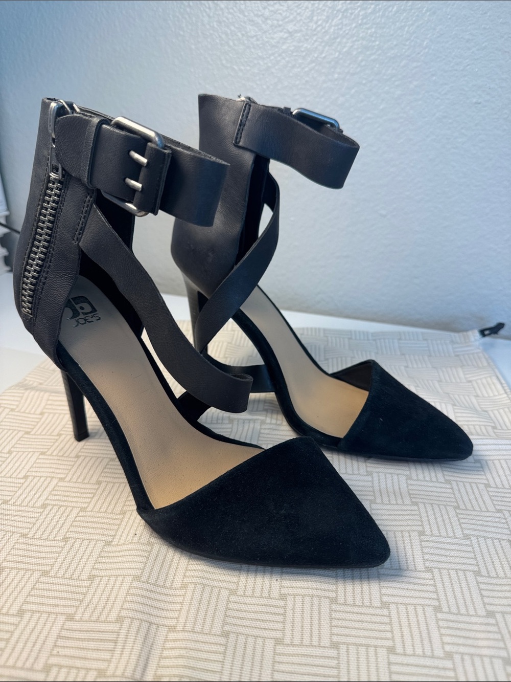 Joe's Black Pointed-Toe Strappy High Heels with Ankle Buckle